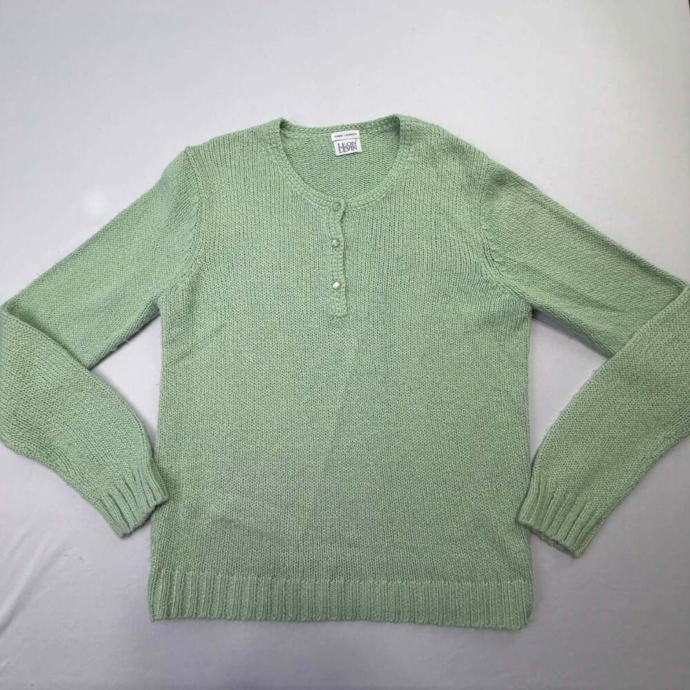 Leon Levin Hand Loomed Mint Green Henley Ribbed Knit Sweater